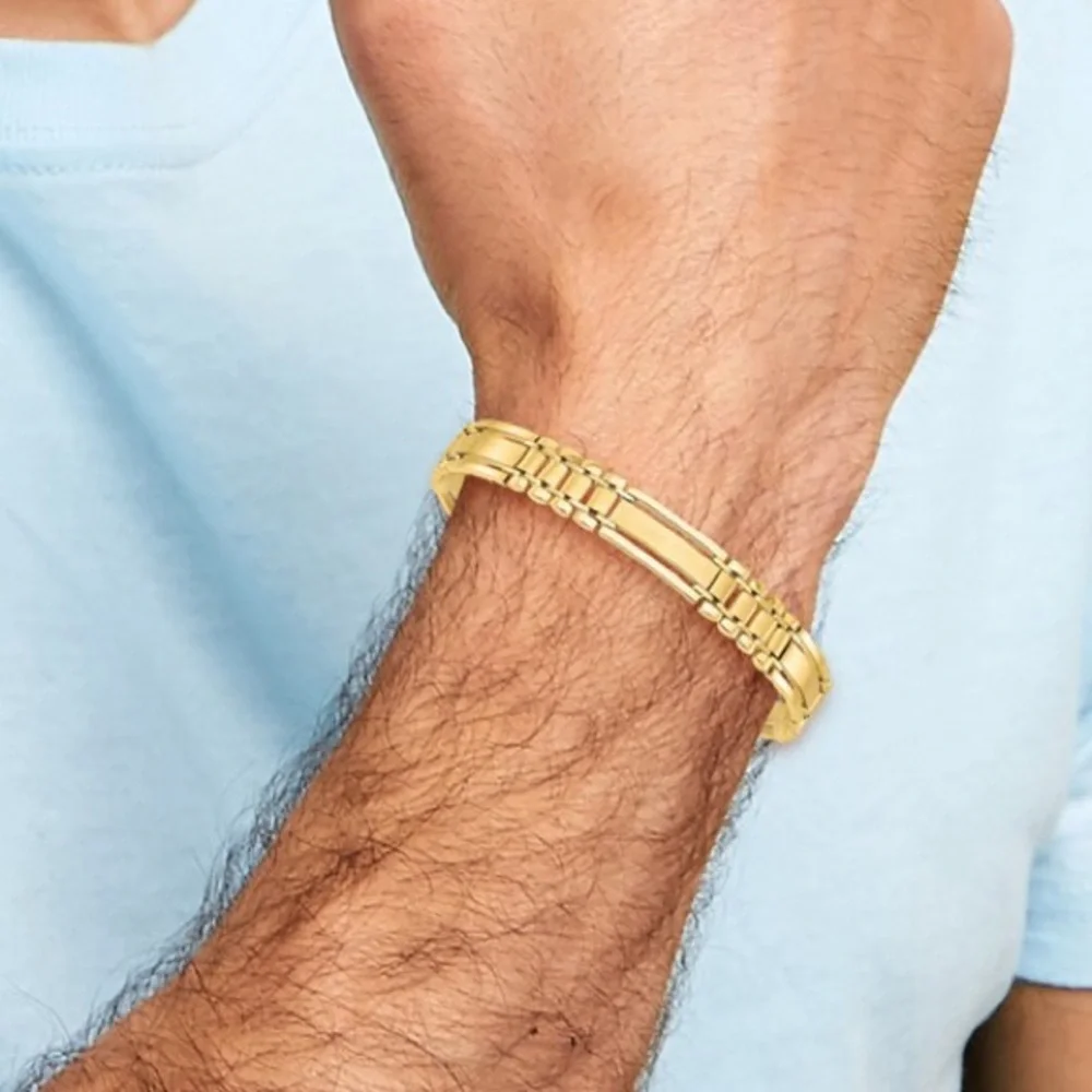 14k Polished and Satin 8.8mm Fancy Bar Link 8.5 inch Mens Bracelet - Picture 5 of 5